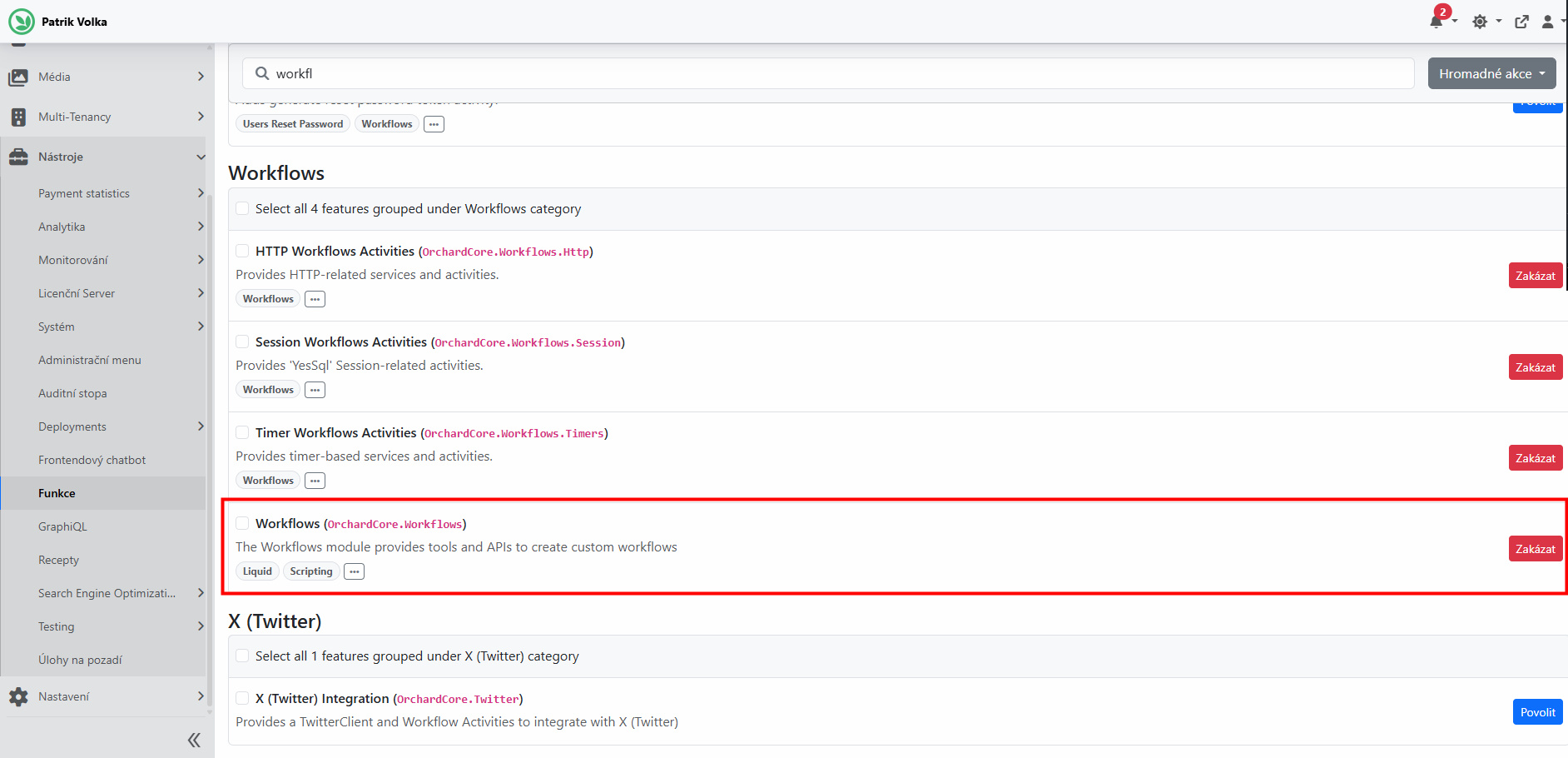 Zapnutí modulů Workflows a Email v administraci OrchardCore